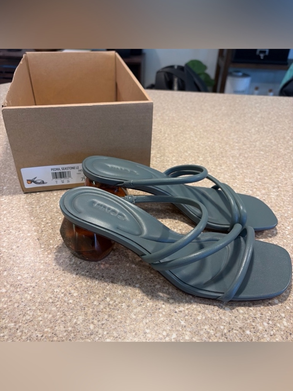 NIB Vince Pedra Seastone Leather Strappy Sandals Heels Women’s US 7.5 / EU 38